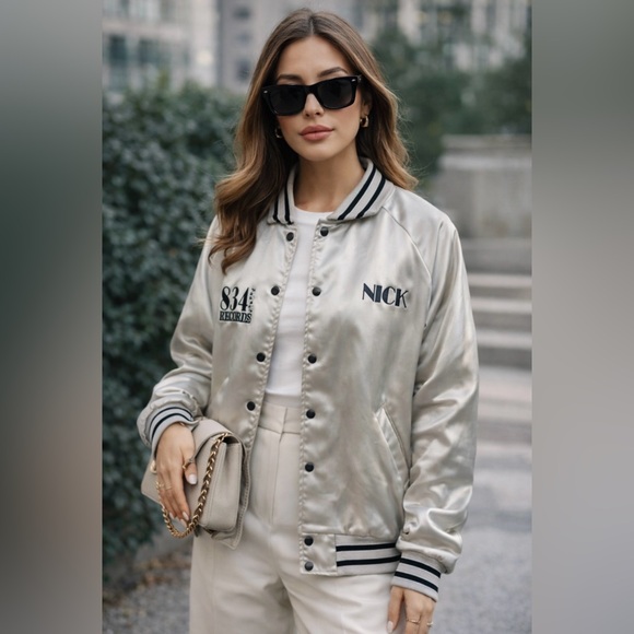 Hilton Jackets & Blazers - Vintage 80”Women's Satin Bomber Jacket - Silver🤍💎